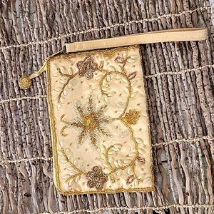 Amanda Smith Wristlet Purse, Gold w faux Off-white Pearl's, 4"H X 6" W